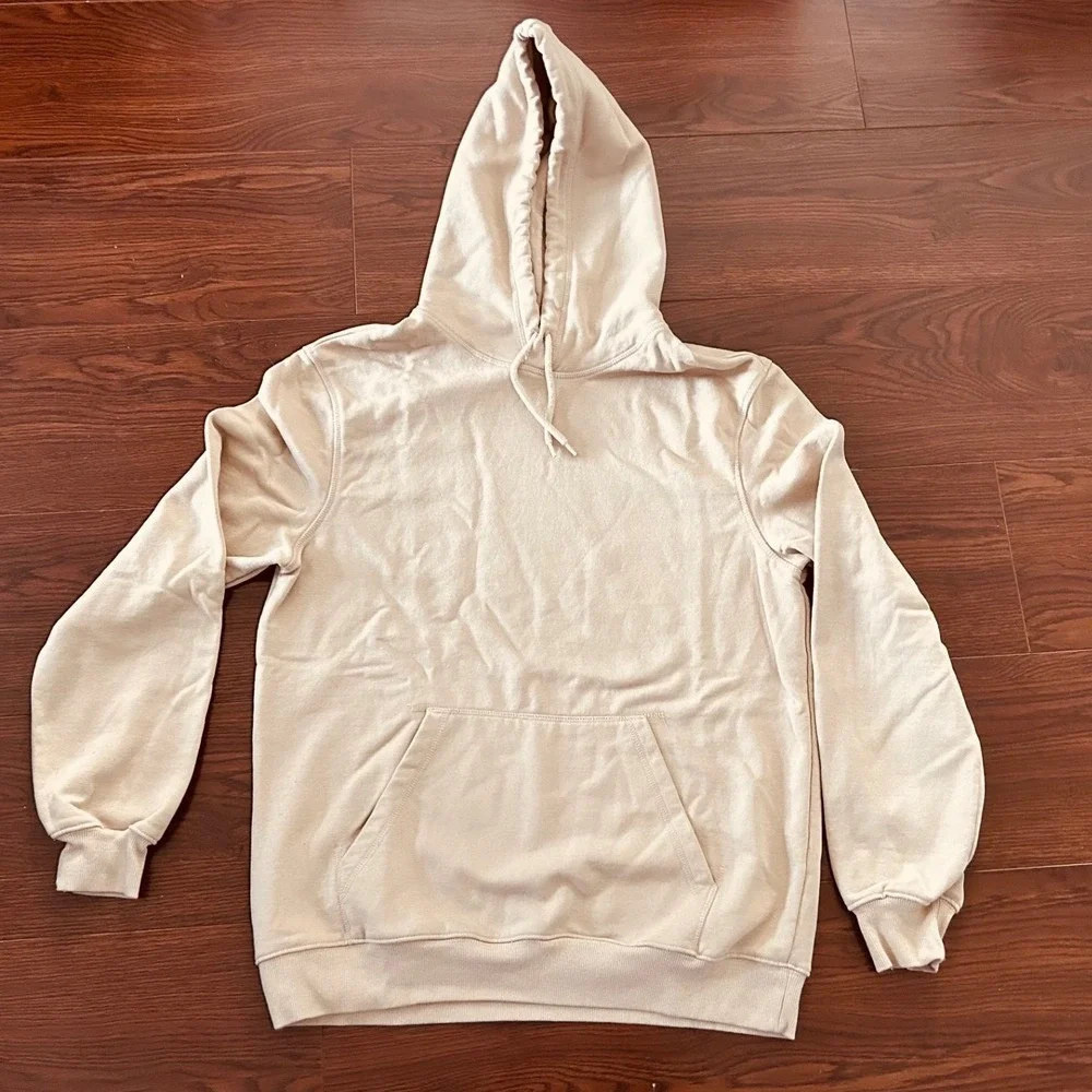 H & M Relaxed Fit Hoodie Mens M Medium Beige Tan Pullover Sweatshirt College - Picture 2 of 11